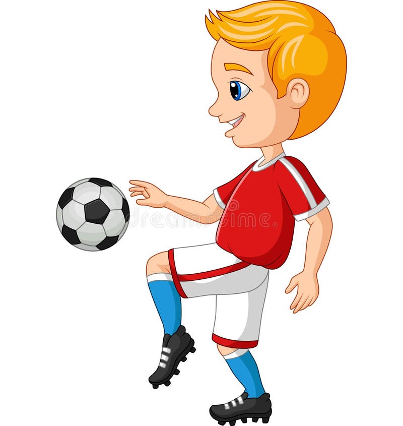 Garotinho de desenho tocando futebol em fundo branco ilustração royalty free Garotinho de desenho tocando futebol em fundo branco ilustração royalty free