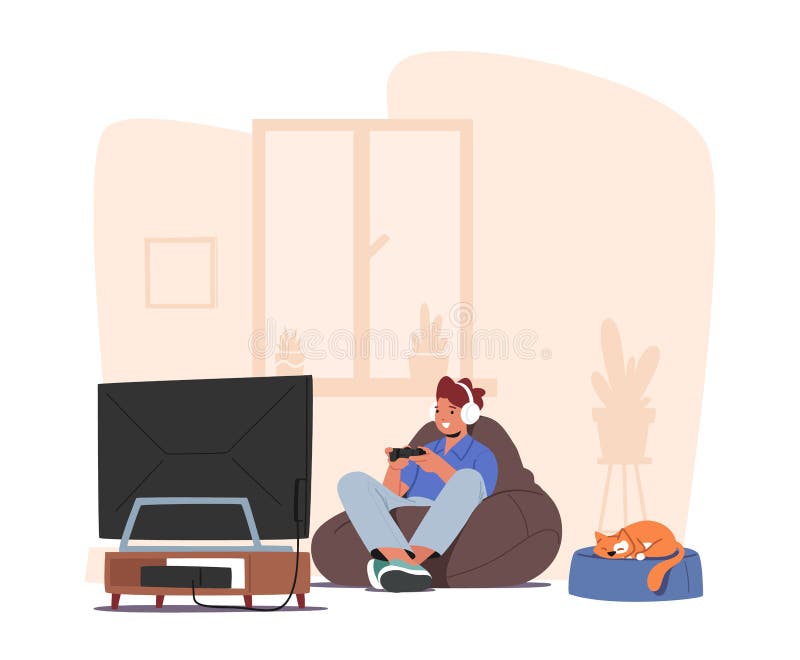 Menino jogando jogo de computador em casa. jogador infantil sentado na mesa  e gosta de jogar online. hobby adolescente e atividade de lazer. ilustração  isolada dos desenhos animados de vetor plana.