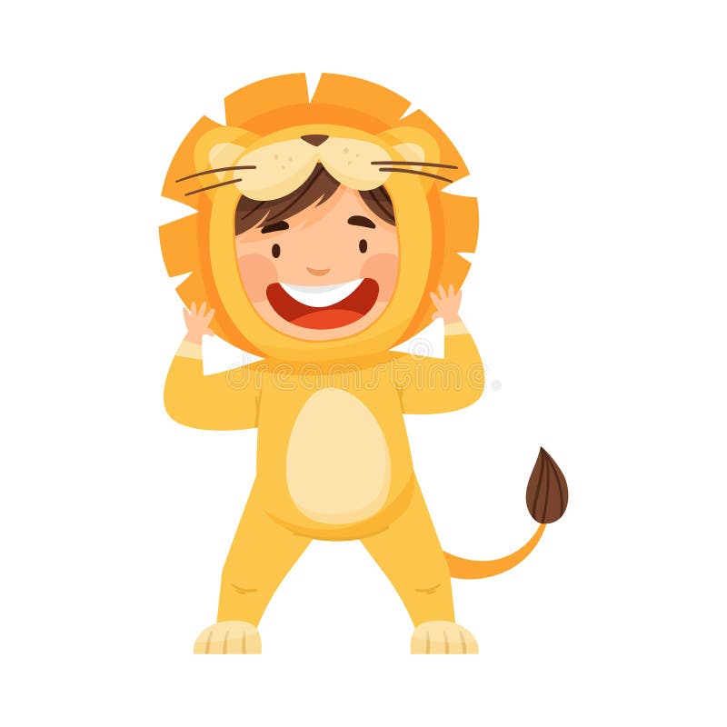 Garotinho vestindo fantasia de leão rindo e divertindo-se com ilustração vetorial