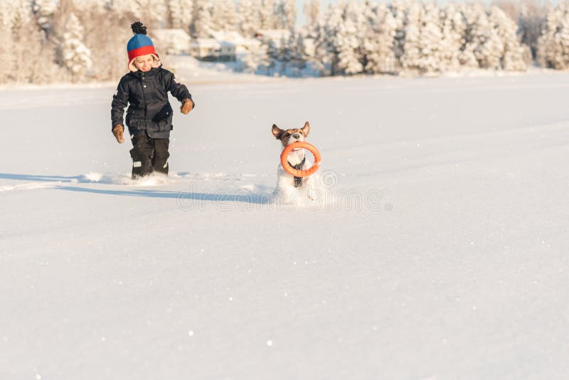 Garoto feliz brincando com cachorro na neve profunda no dia ensolarado do inverno fotografia de stock royalty free Garoto feliz brincando com cachorro na neve profunda no dia ensolarado do inverno fotografia de stock royalty free