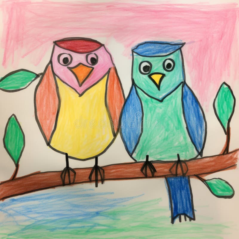 two birds perched on a branch in a child's drawing style, showcasing symmetry and balance. the vibrant colors of violet and cyan bring to mind the artistic influences of ben wooten, max pechstein, and the bengal school of art. this image exudes a cut and paste aesthetic, adding an intriguing dimension to the overall composition. ai generated. two birds perched on a branch in a child's drawing style, showcasing symmetry and balance. the vibrant colors of violet and cyan bring to mind the artistic influences of ben wooten, max pechstein, and the bengal school of art. this image exudes a cut and paste aesthetic, adding an intriguing dimension to the overall composition. ai generated