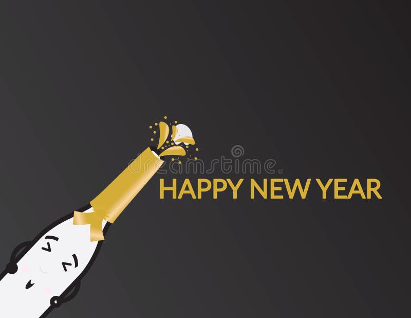 Garrafa bonito de Champagne dos desenhos animados e cumprimento do ano novo feliz no fundo preto ilustração stock Garrafa bonito de Champagne dos desenhos animados e cumprimento do ano novo feliz no fundo preto ilustração stock