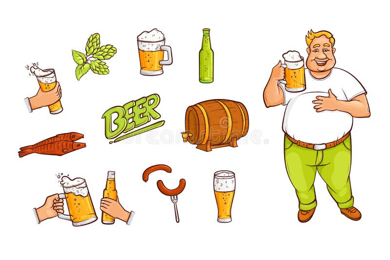 A ilustração representa um homem gordo e careca com uma caneca de cerveja.  Ideal para materiais promocionais e institucionais imagem vetorial de  Lcosmo© 72259341