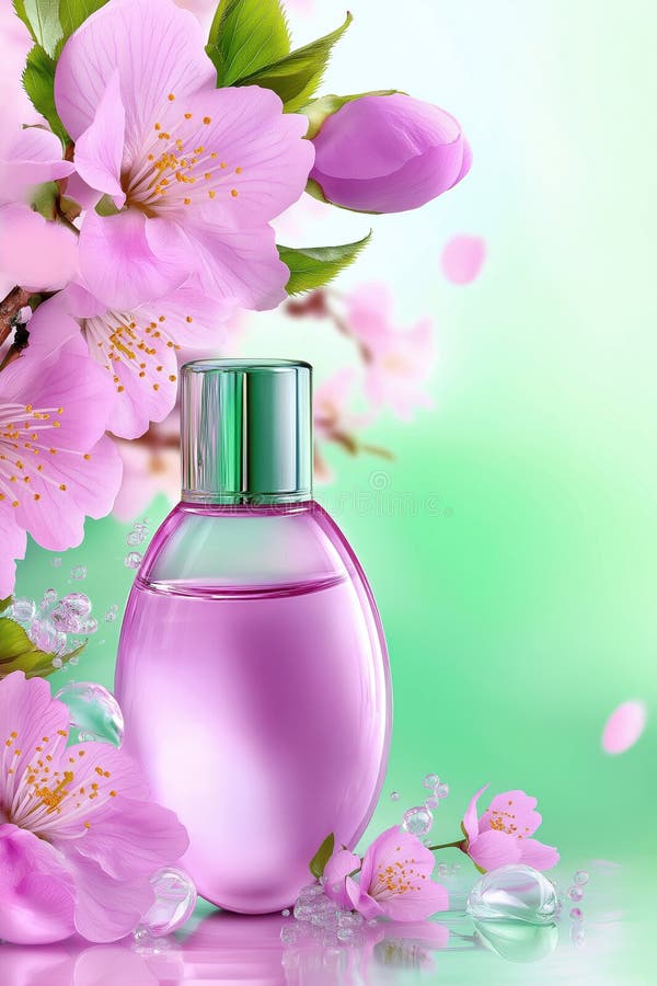 Garrafa de perfumaria rosa elegante com flores de cereja num fundo verde suave ilustração do vetor