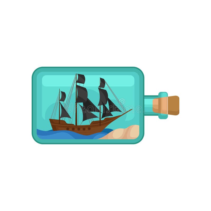 Garrafa de vidro transparente com água, a areia e o navio de madeira para dentro Embarcação marinha com velas pretas Projeto liso ilustração do vetor Garrafa de vidro transparente com água, a areia e o navio de madeira para dentro Embarcação marinha com velas pretas Projeto liso ilustração do vetor