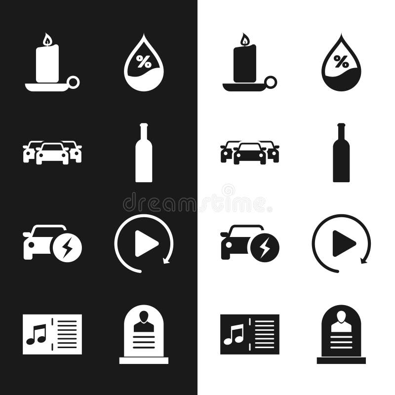 Set Bottle of wine Cars Burning candle candlestick Water drop percentage Electric car and Video play button icon. Vector. Set Bottle of wine Cars Burning candle candlestick Water drop percentage Electric car and Video play button icon. Vector.