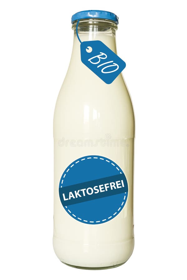 Garrafa do bio leite com a tampa azul - etiqueta alemão para a lactose livre - isolada em Backround branco fotografia de stock Garrafa do bio leite com a tampa azul - etiqueta alemão para a lactose livre - isolada em Backround branco fotografia de stock