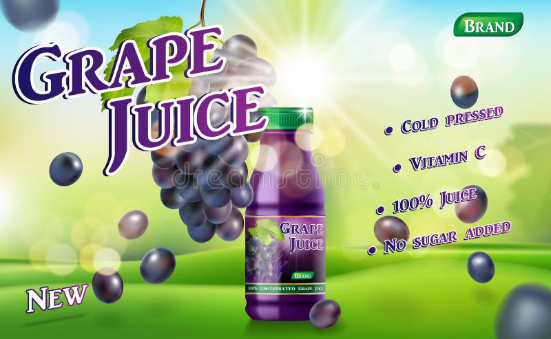 Garrafa do suco de uva com fundo ensolarado na grama verde Anúncio do pacote do recipiente do suco vetor realístico da uva 3d ilustração do vetor Garrafa do suco de uva com fundo ensolarado na grama verde Anúncio do pacote do recipiente do suco vetor realístico da uva 3d ilustração do vetor