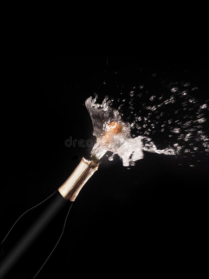 Garrafa e pulverizador de Champagne no backgroun preto imagem de stock royalty free Garrafa e pulverizador de Champagne no backgroun preto imagem de stock royalty free