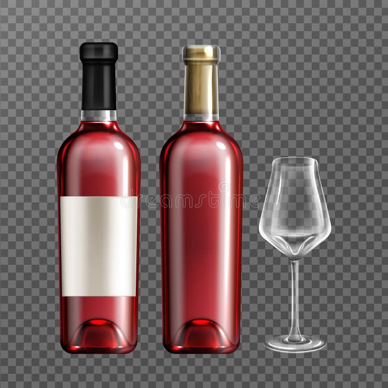 Garrafas de vidro de vinho tinto e vidro de bebida vazio ilustração royalty free Garrafas de vidro de vinho tinto e vidro de bebida vazio ilustração royalty free