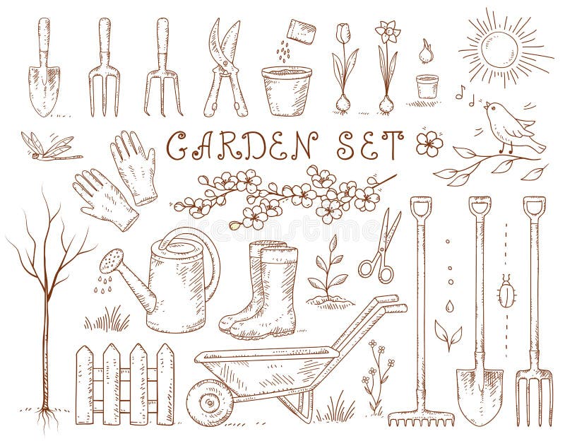 Garten-Werkzeugsatz des Frühlinges Hand gezeichneter stock abbildung Garten-Werkzeugsatz des Frühlinges Hand gezeichneter stock abbildung
