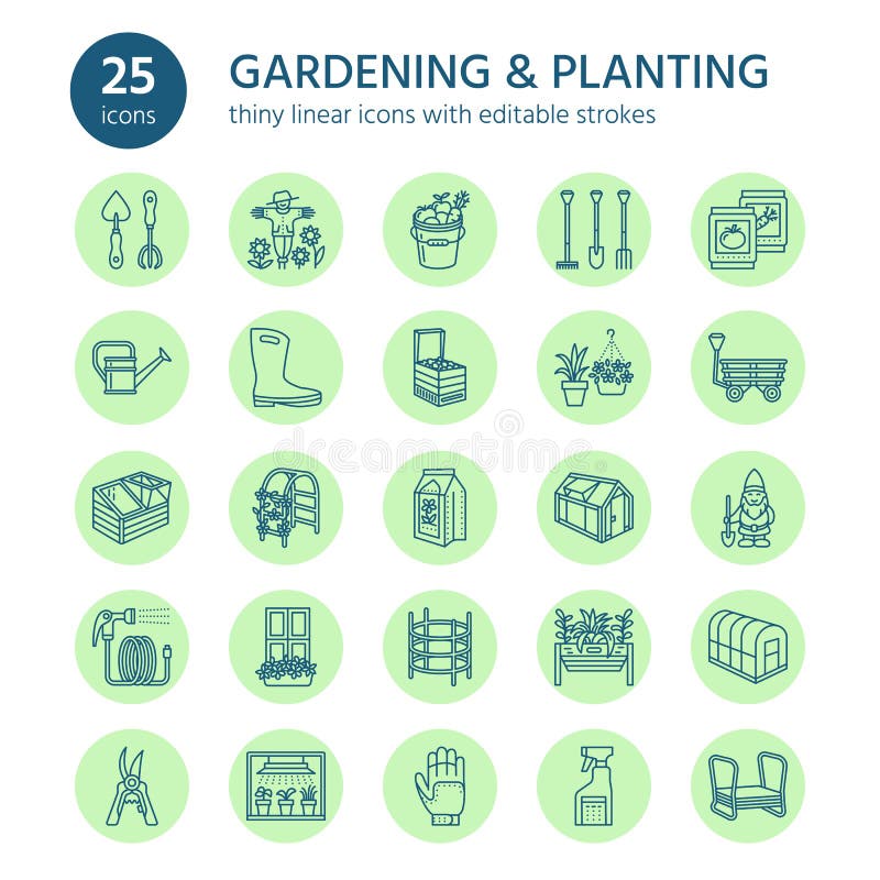 Gartenarbeit, Pflanzen und Gartenbaulinie Ikonen Gartengeräte, organische Samen, Düngemittel, Gewächshaus, pruners lizenzfreie abbildung Gartenarbeit, Pflanzen und Gartenbaulinie Ikonen Gartengeräte, organische Samen, Düngemittel, Gewächshaus, pruners lizenzfreie abbildung