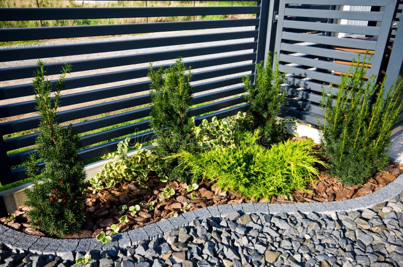 Gartendetail: Zaun mit Zypressenbaumecke