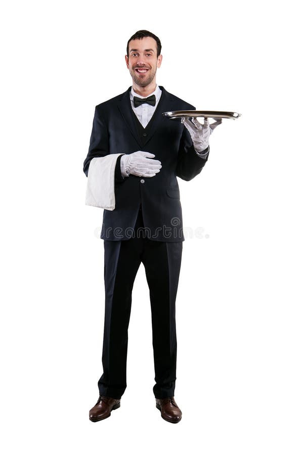 Garçom Holding Tray Isolado sobre o fundo branco Sorriso mas fotografia de stock Garçom Holding Tray Isolado sobre o fundo branco Sorriso mas fotografia de stock