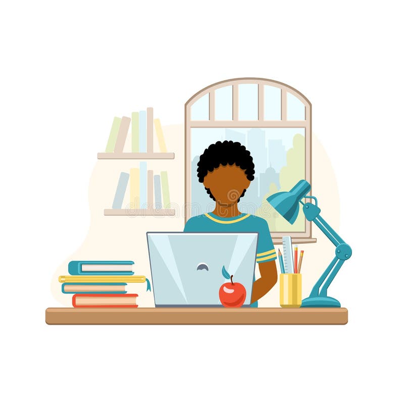 Garçon afro-américaine de bandes dessinées étudiant à la maison avec l'ordinateur et les livres sur le fond de la fenêtre. Écritur illustration stock