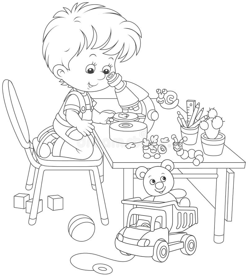 Little researcher biologist looking at a small green leaf through a school microscope, a black and white vector illustration in a cartoon style for a coloring book. Little researcher biologist looking at a small green leaf through a school microscope, a black and white vector illustration in a cartoon style for a coloring book