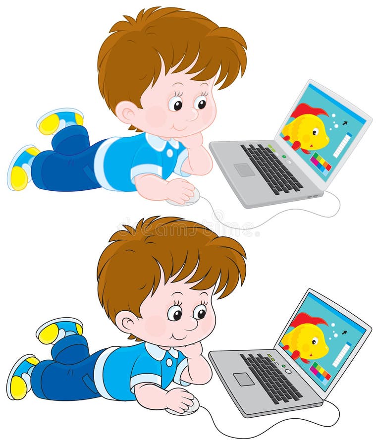 Little illustrator drawing a colorful fish on his computer, two versions of the illustration. Little illustrator drawing a colorful fish on his computer, two versions of the illustration