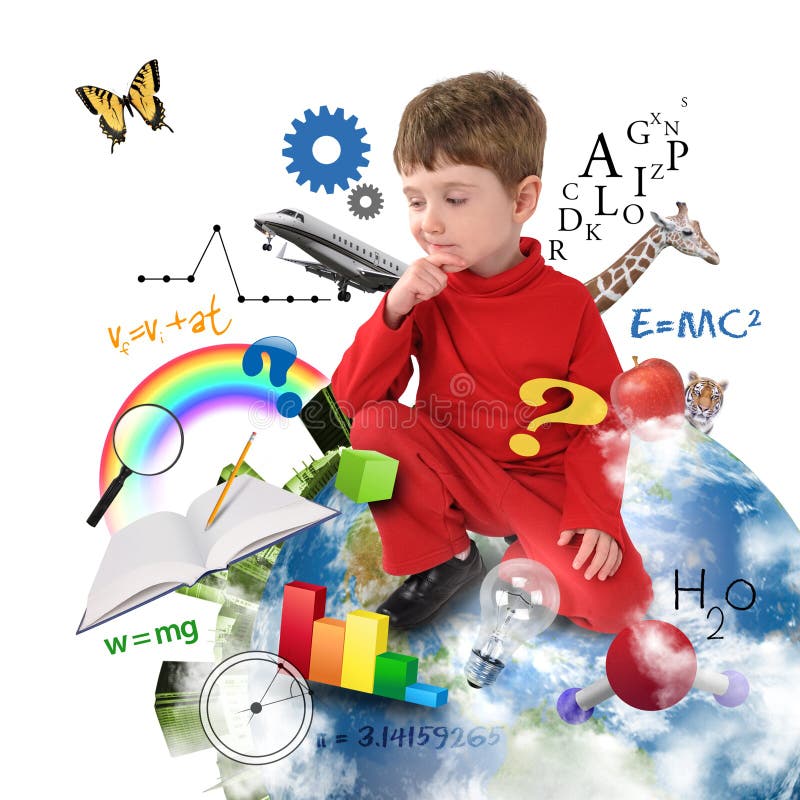 Garçon d'école d'éducation pensant sur terre photos stock Garçon d'école d'éducation pensant sur terre photos stock