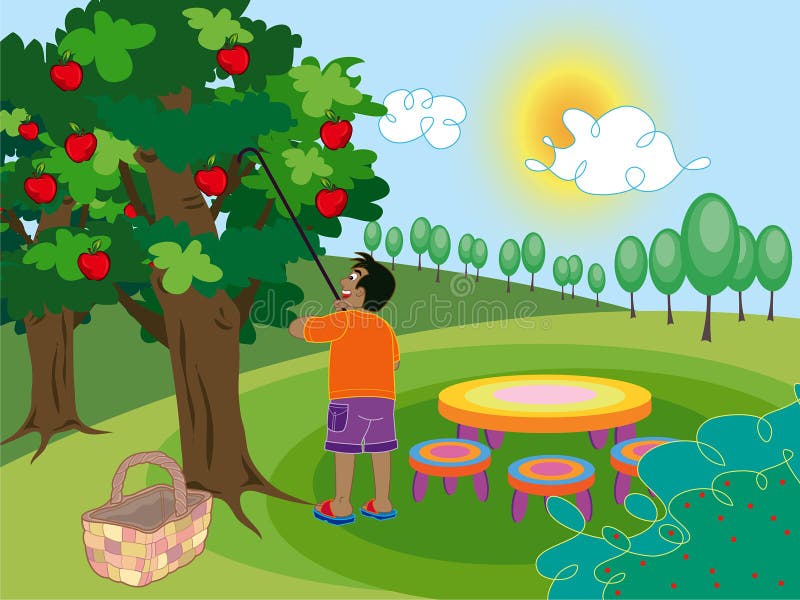 Boy in apple farm - cartoon illustration. Boy in apple farm - cartoon illustration