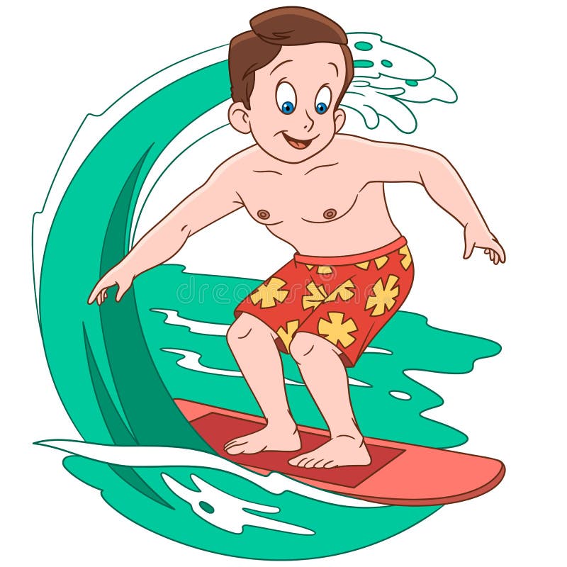 Garçon de bande dessinée surfant sur des vagues illustration stock Garçon de bande dessinée surfant sur des vagues illustration stock