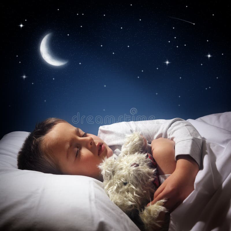 Child sleeping and dreaming in his bed under the moon, stars and blue night sky. Child sleeping and dreaming in his bed under the moon, stars and blue night sky