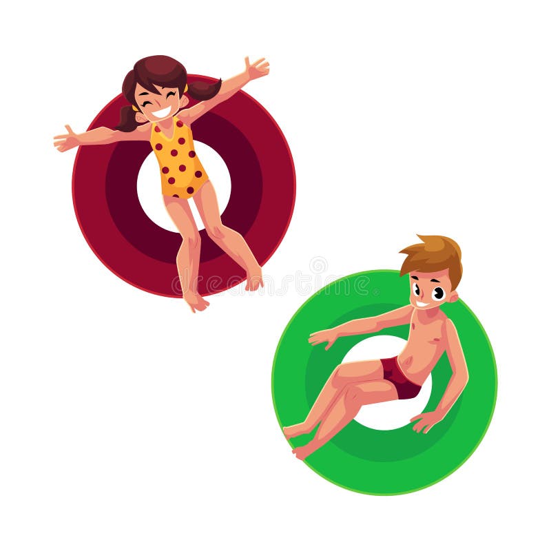 Garçon et fille, flottement d'enfants d'enfants, nageant sur les anneaux gonflables illustration stock Garçon et fille, flottement d'enfants d'enfants, nageant sur les anneaux gonflables illustration stock
