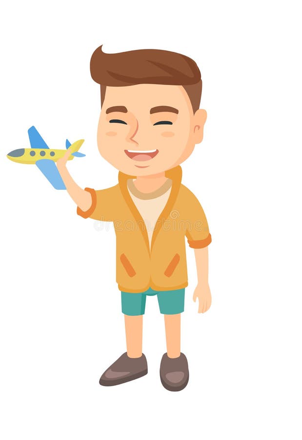 Caucasian cheerful boy playing with a toy airplane. Full length of happy smiling little boy with a toy plane. Vector sketch cartoon illustration isolated on white background. Caucasian cheerful boy playing with a toy airplane. Full length of happy smiling little boy with a toy plane. Vector sketch cartoon illustration isolated on white background.