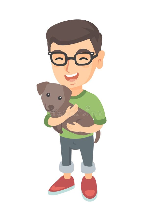 Garçon heureux caucasien en verres tenant un chien illustration de vecteur Garçon heureux caucasien en verres tenant un chien illustration de vecteur