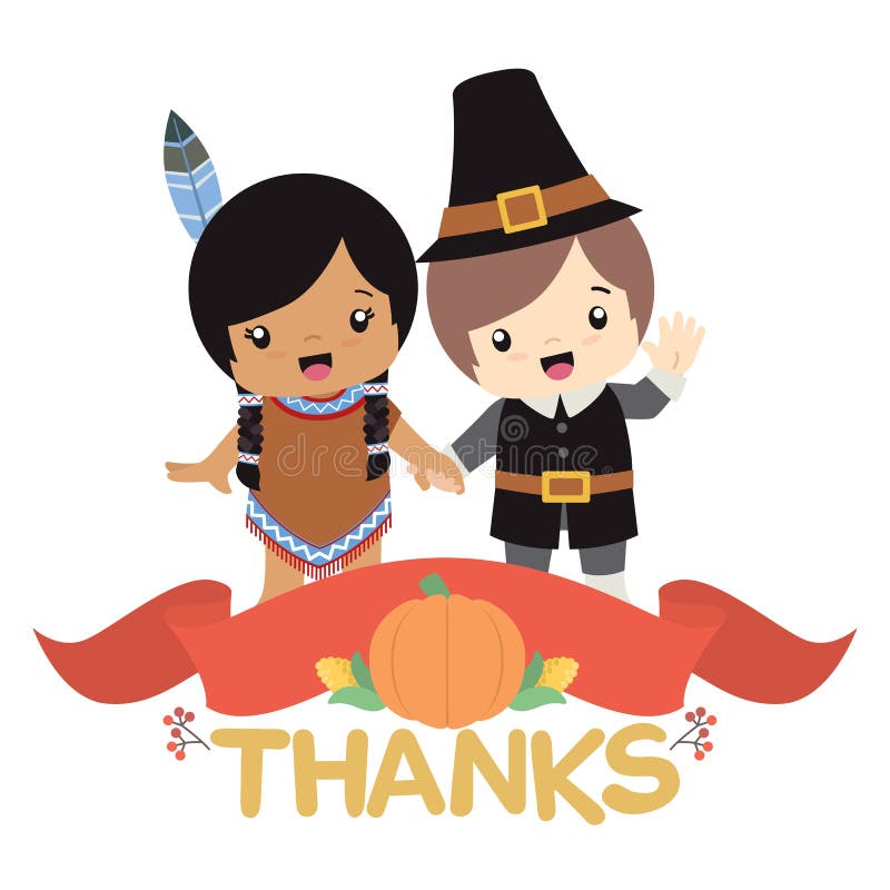 Garçon indien indigène de fille et de pèlerin tenant des mains avec la décoration de thanksgiving et la carte d'illustration de v illustration libre de droits Garçon indien indigène de fille et de pèlerin tenant des mains avec la décoration de thanksgiving et la carte d'illustration de v illustration libre de droits