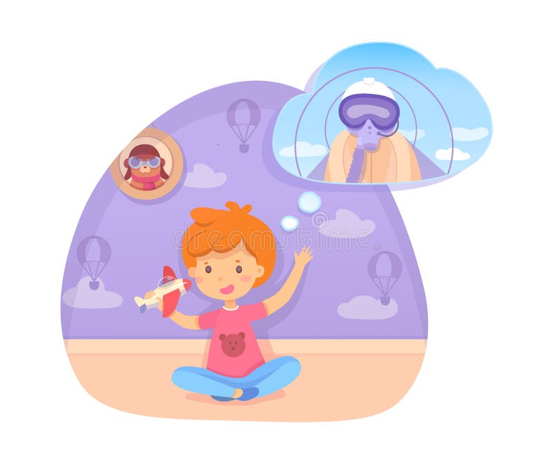 Boy playing with toy plane dreaming being pilot in future. Happy cute child sitting on floor in bedroom or playroom. Aviator in protective facial mask in dream bubble. Vector cutout illustration. Boy playing with toy plane dreaming being pilot in future. Happy cute child sitting on floor in bedroom or playroom. Aviator in protective facial mask in dream bubble. Vector cutout illustration