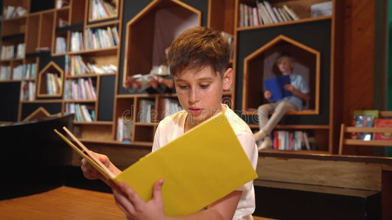 Garçon lisant un livre pendant que groupe d'étudiants intelligents assis à la bibliothèque. érudition. banque de vidéos