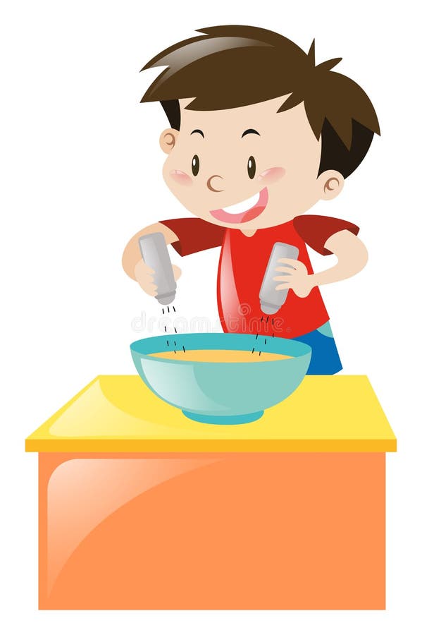 Garçon mettant le sel et le poivre en soupe illustration libre de droits Garçon mettant le sel et le poivre en soupe illustration libre de droits