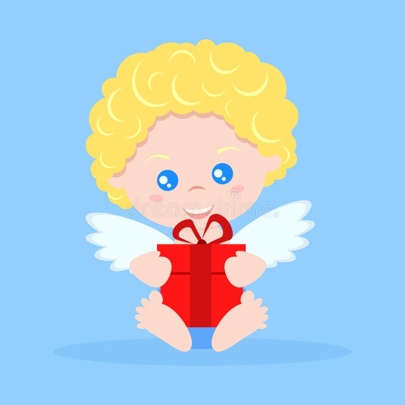 Garçon mignon d'isolement de cupidon dans le style plat de bande dessinée dans la pose se reposante avec le cadeau rouge illustration de vecteur Garçon mignon d'isolement de cupidon dans le style plat de bande dessinée dans la pose se reposante avec le cadeau rouge illustration de vecteur