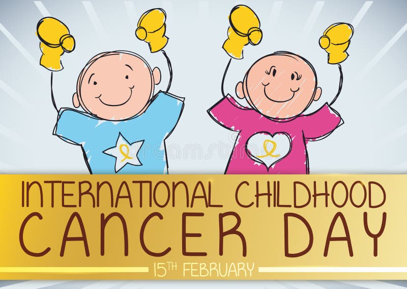 Garçon mignon et fille commémorant le jour international de Cancer d'enfance, illustration de vecteur