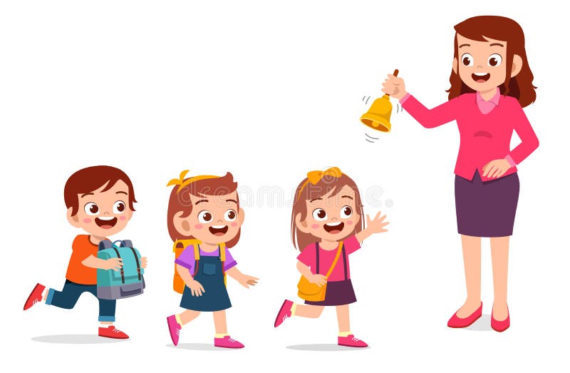 happy cute little kid boy and girl with teacher ring a bell. happy cute little kid boy and girl with teacher ring a bell