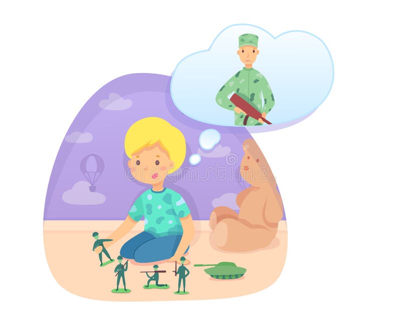 Little boy playing toy soldier and tank dreaming being warrior. War game. Preschooler child character sitting on floor in bedroom or playroom. Future profession fantasy. Vector illustration. Little boy playing toy soldier and tank dreaming being warrior. War game. Preschooler child character sitting on floor in bedroom or playroom. Future profession fantasy. Vector illustration