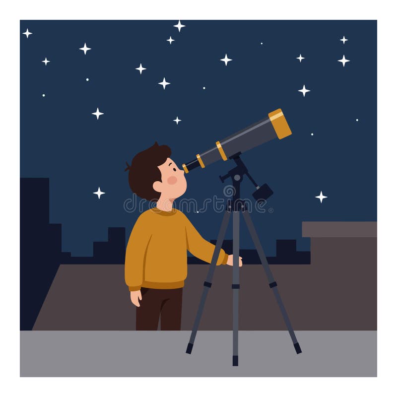 Garçon regardant à travers le télescope sur le toit la nuit dans une illustration vectorielle plate. Un jeune garçon en chandail jaune observe les étoiles à travers un télescope entouré d'un ciel nocturne sombre rempli d'étoiles scintillantes.