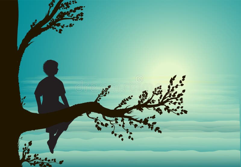 Garçon s'asseyant sur la grande branche d'arbre, silhouette, endroit secret, mémoire d'enfance, rêve