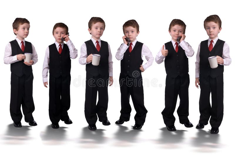 Handsome attractive young boys dressed in suits with a cell phones and coffee cups in hands led by a visionary isolated on white background. Handsome attractive young boys dressed in suits with a cell phones and coffee cups in hands led by a visionary isolated on white background.