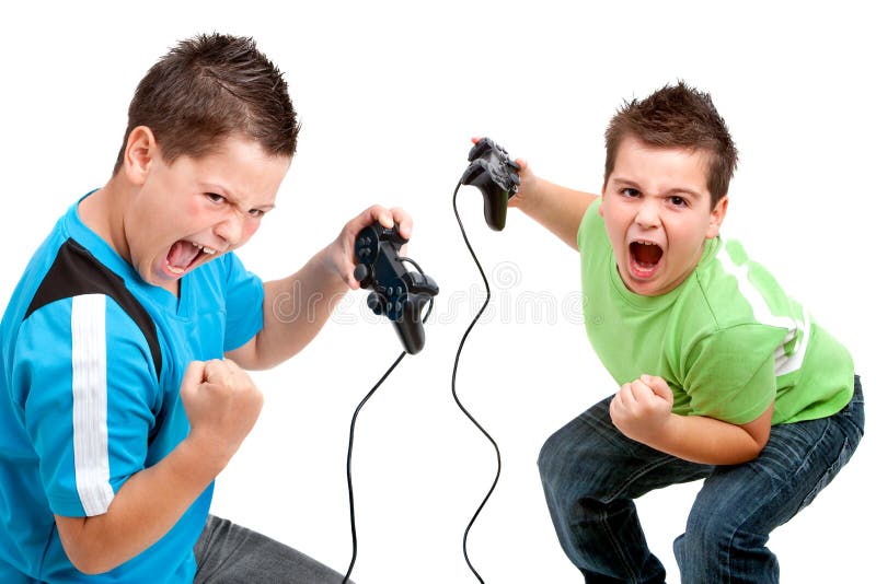 Garçons d'Euphorious jouant avec les consoles visuelles photographie stock libre de droits Garçons d'Euphorious jouant avec les consoles visuelles photographie stock libre de droits