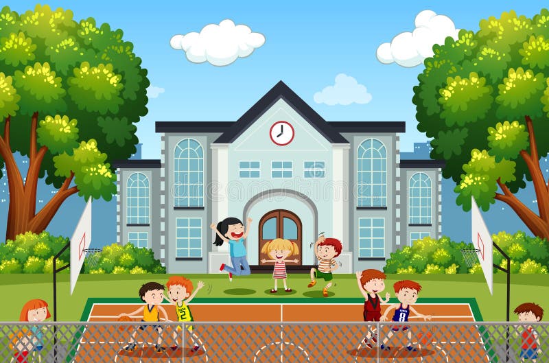 Garçons jouant le basket-ball sur la cour illustration libre de droits Garçons jouant le basket-ball sur la cour illustration libre de droits