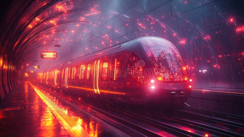 Gară futuristă cu arhitectură metalică elegantă, luminând și ploind. atmosfera este vibrantă și dinamică stock images