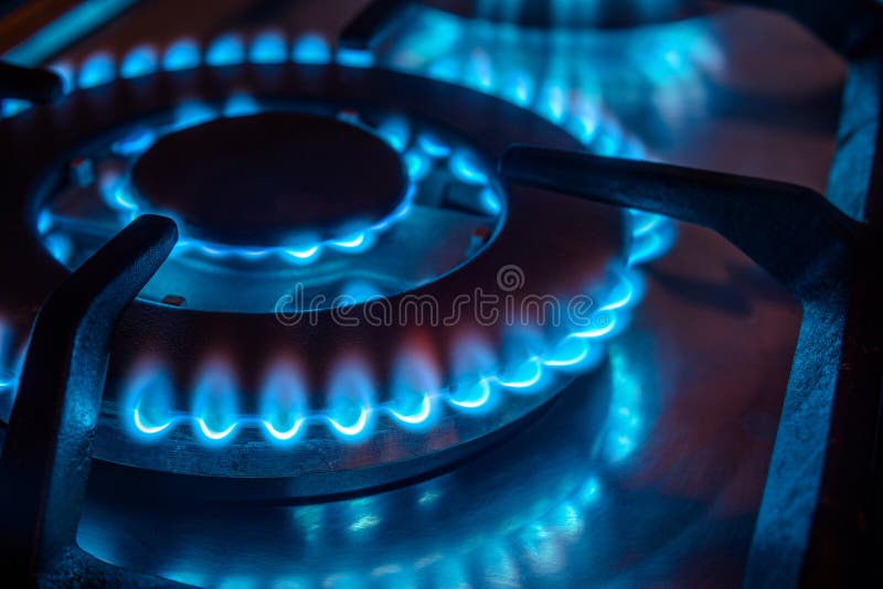 Gas Burner Burns With A Blue Flame On The Stove Under The Protective