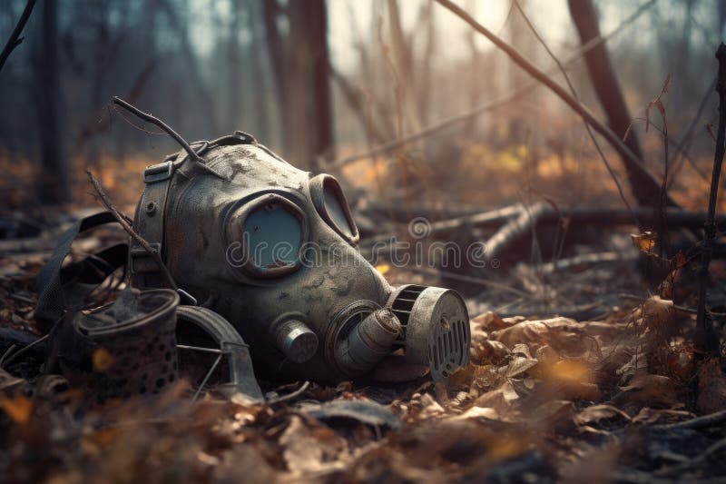 Gas mask forest autumn. Wood tree. Generate Ai. Chernobyl gas illustrations