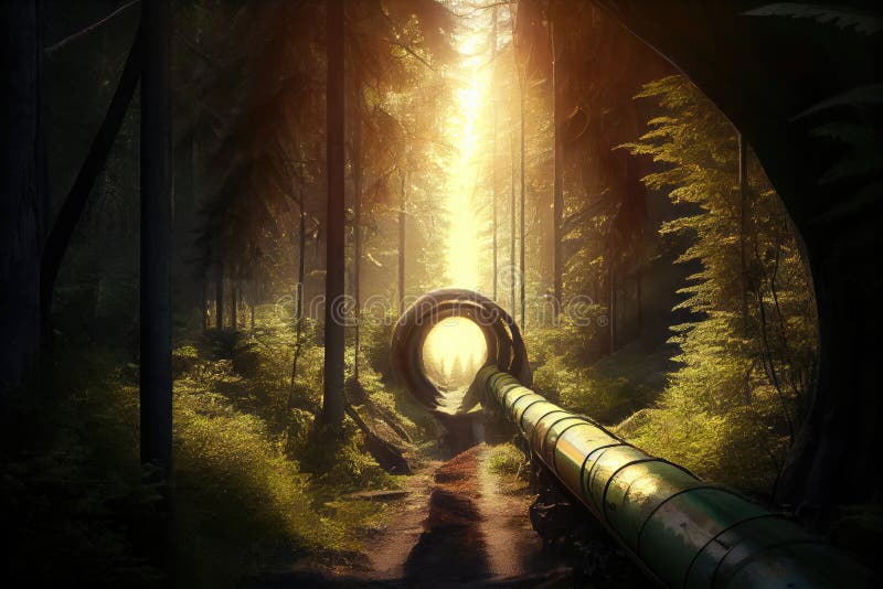 Gas Pipeline in Dense Forest, with Trees and Sunlight Peeking through