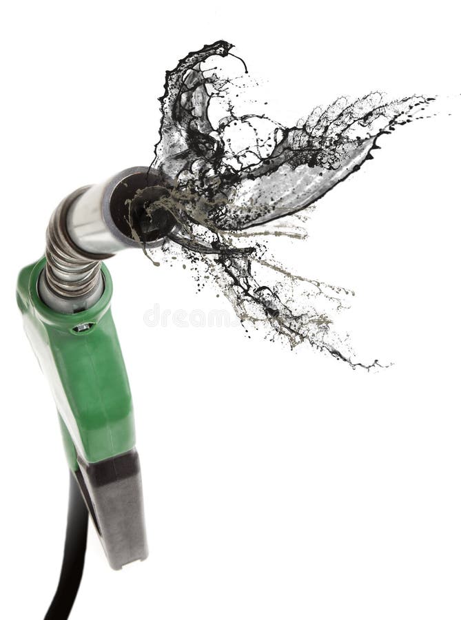 Green gas pump with strong perspective isolated on white spilling petrol. Green gas pump with strong perspective isolated on white spilling petrol