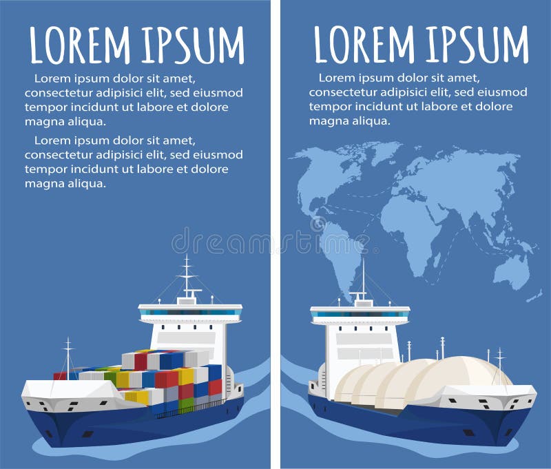 Gas tanker at seascape vector illustration. Gas tanker and container ship at seascape vector illustration. Transportation of liquefied petroleum gas LPG vector illustration Gas tanker at seascape vector illustration. Gas tanker and container ship at seascape vector illustration. Transportation of liquefied petroleum gas LPG vector illustration