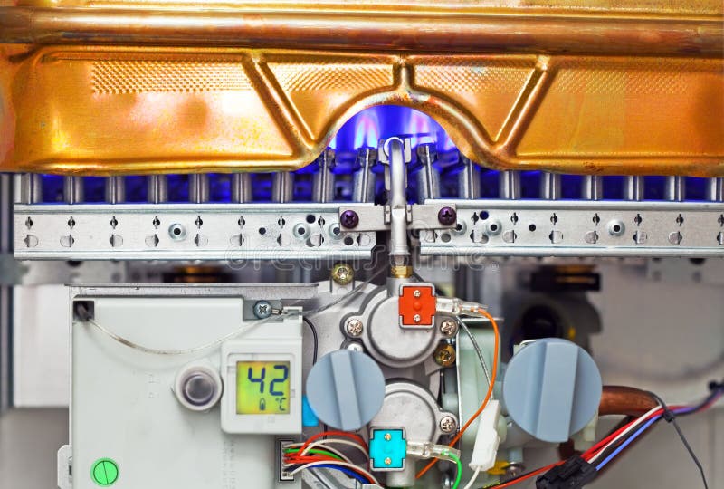 Gas water heater for survey and burning flame stock image