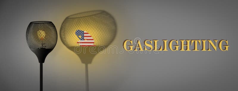 Gaslight with silhouette of woman draped in American flag in shadow cast by the lamp, Gaslighting text, concept illustration. Alternative facts and misinformation in America. Gaslight with silhouette of woman draped in American flag in shadow cast by the lamp, Gaslighting text, concept illustration. Alternative facts and misinformation in America