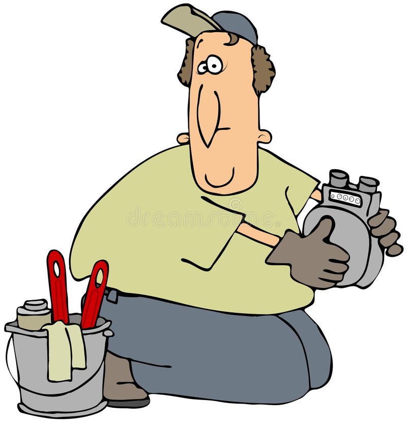 This illustration depicts a man holding a gas meter with a bucket full of tools to his side. This illustration depicts a man holding a gas meter with a bucket full of tools to his side.